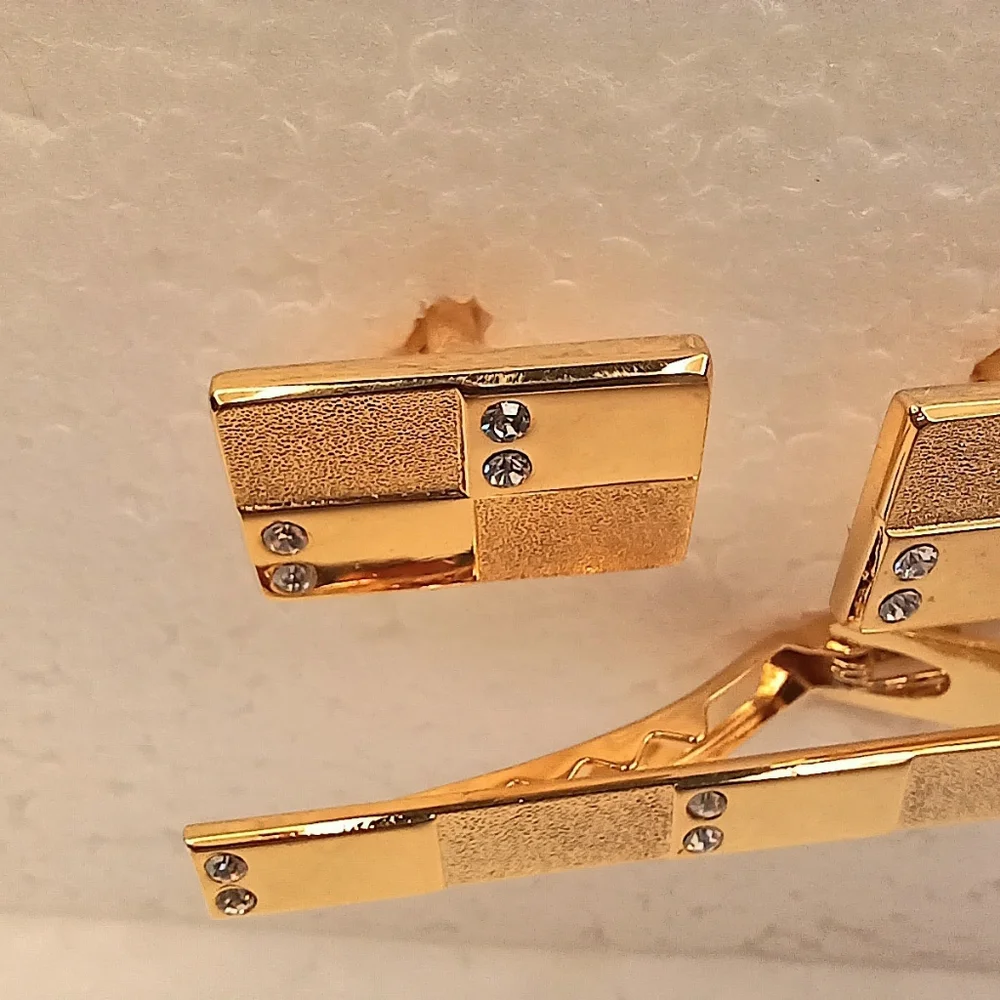Tie Clip Bar, Cufflinks, Textured Gold Crystals Vintage Space Age Classic
